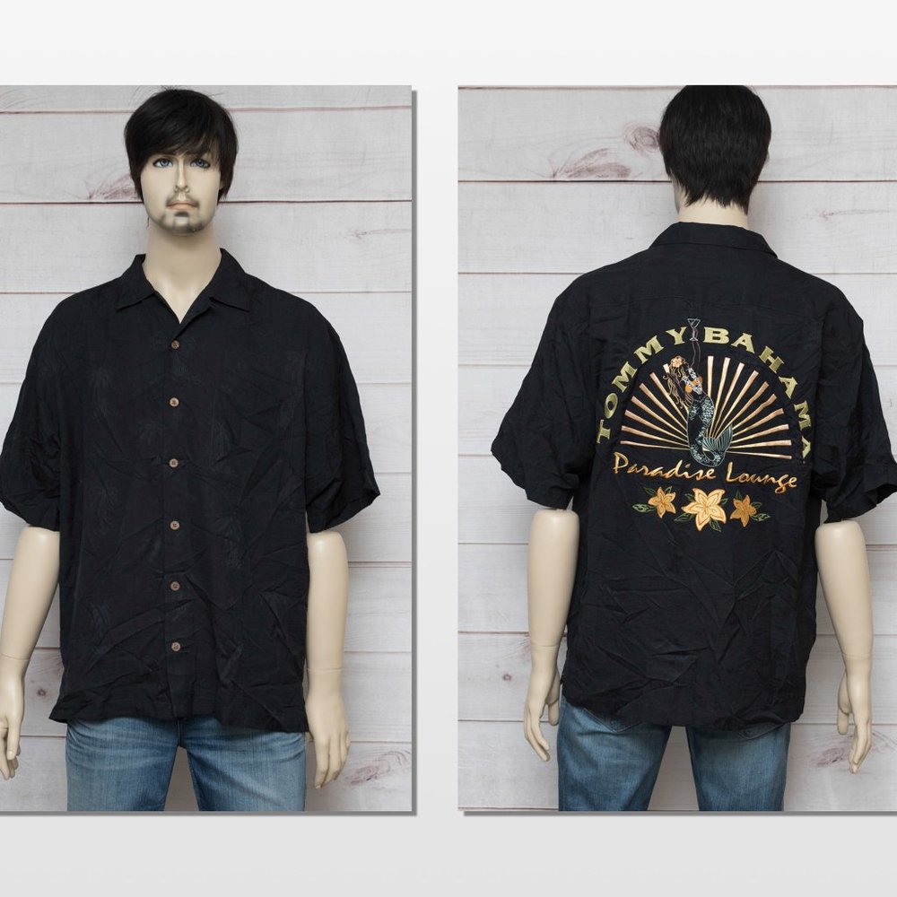 Tommy Bahama Black Brocade Embroidered Shirt M
